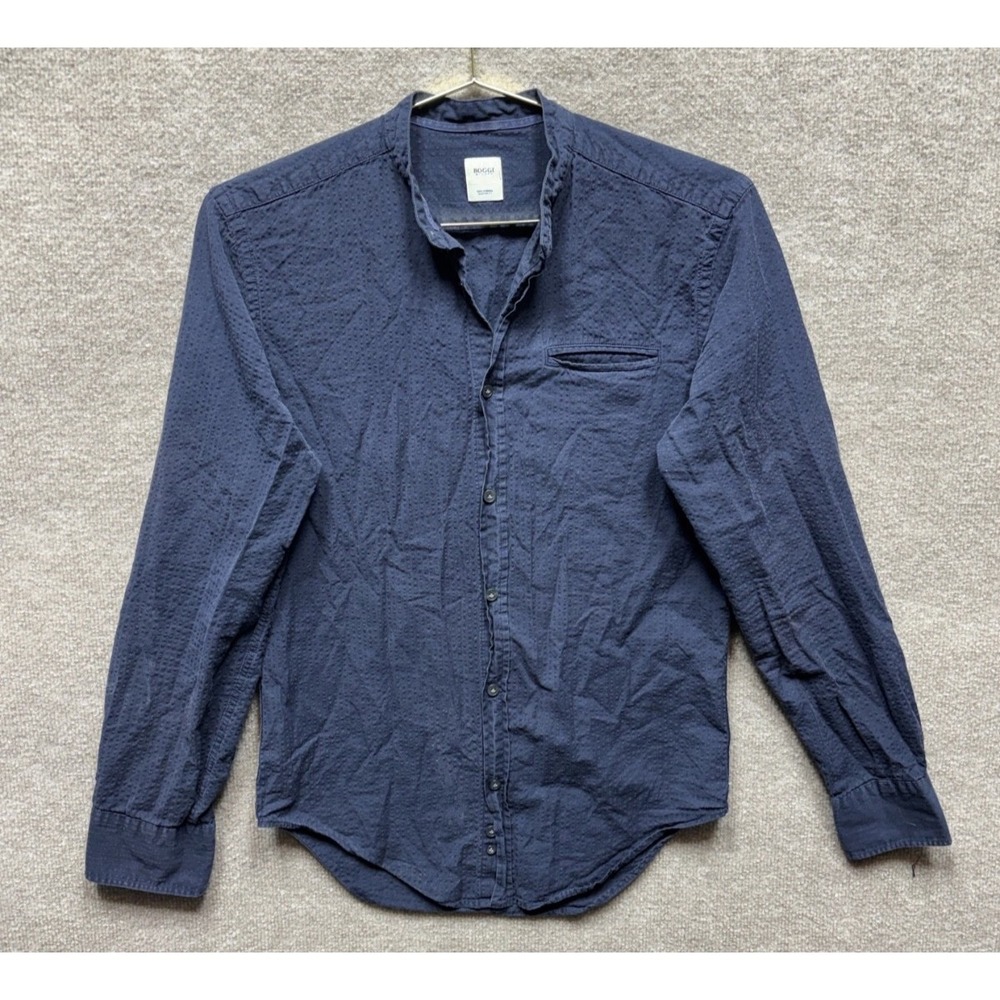 Boggi Milano Linen Blend Shirt Men Small Textured Blue‎ Grandad Collar Button Up